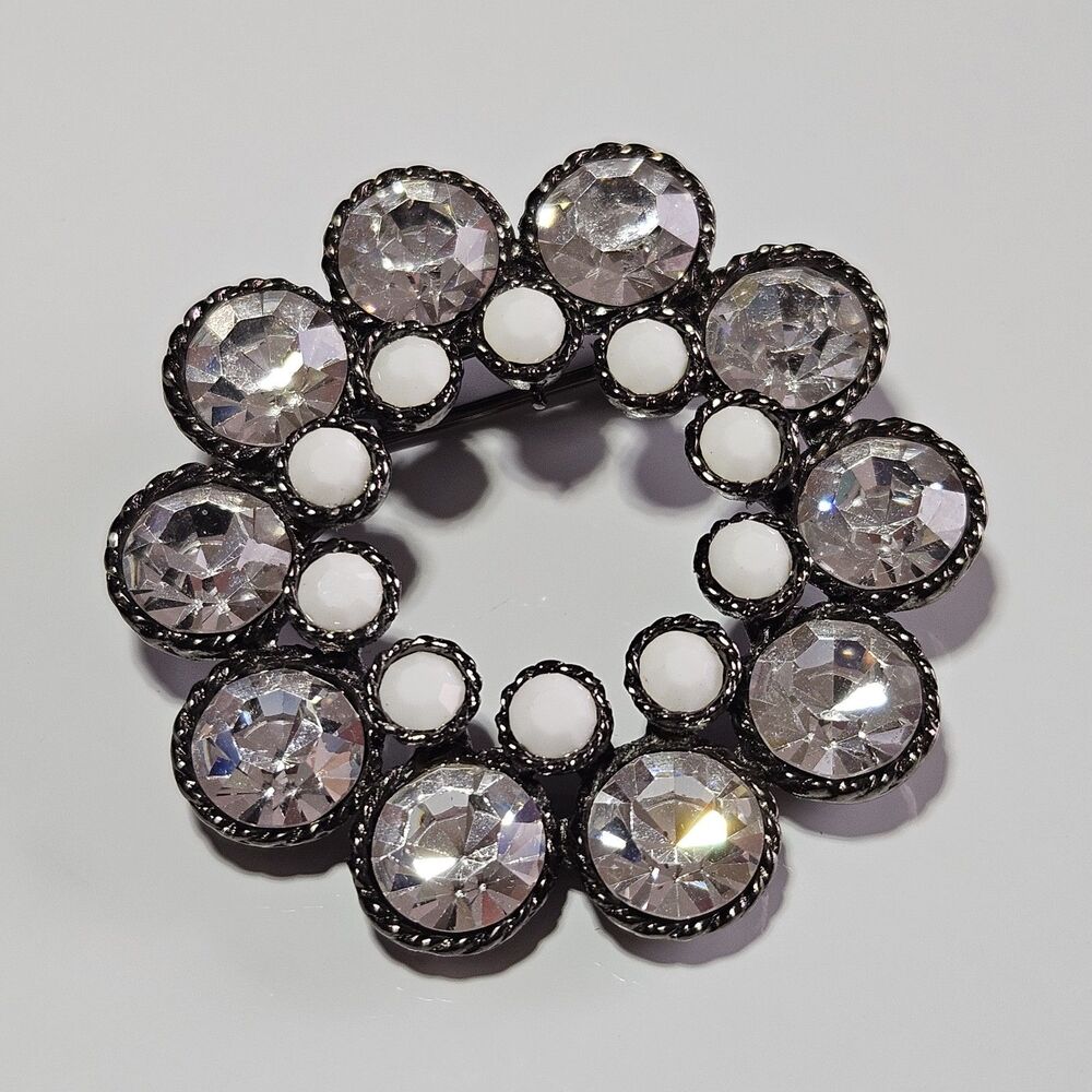 Vintage Dark Silver Tone Metal Clear & White Rhinestone Open Circle Pin Brooch